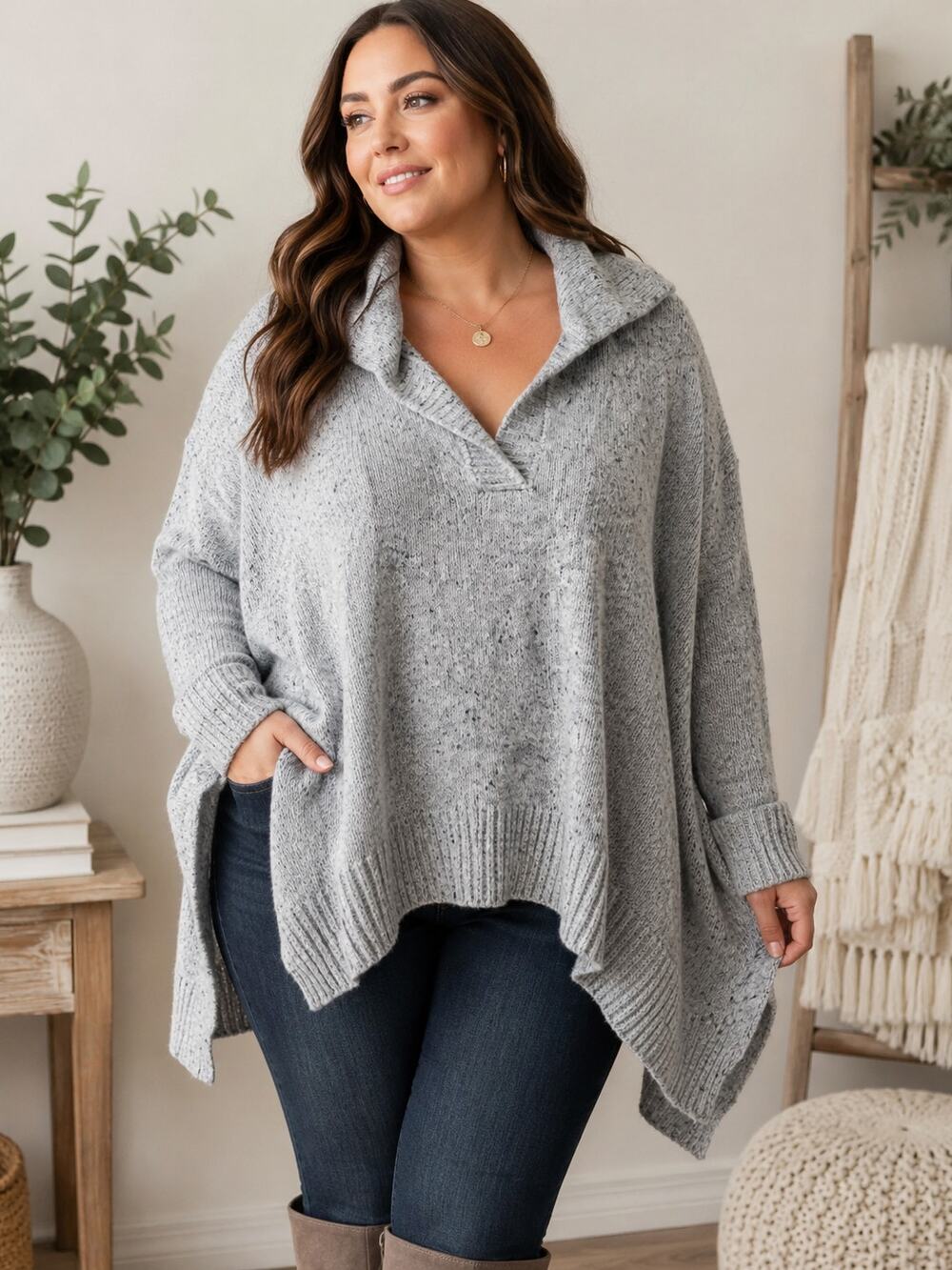 Falls Creek Womens 2X Gray Cowl Neck Oversized Tunic Sweater Speckled Knit